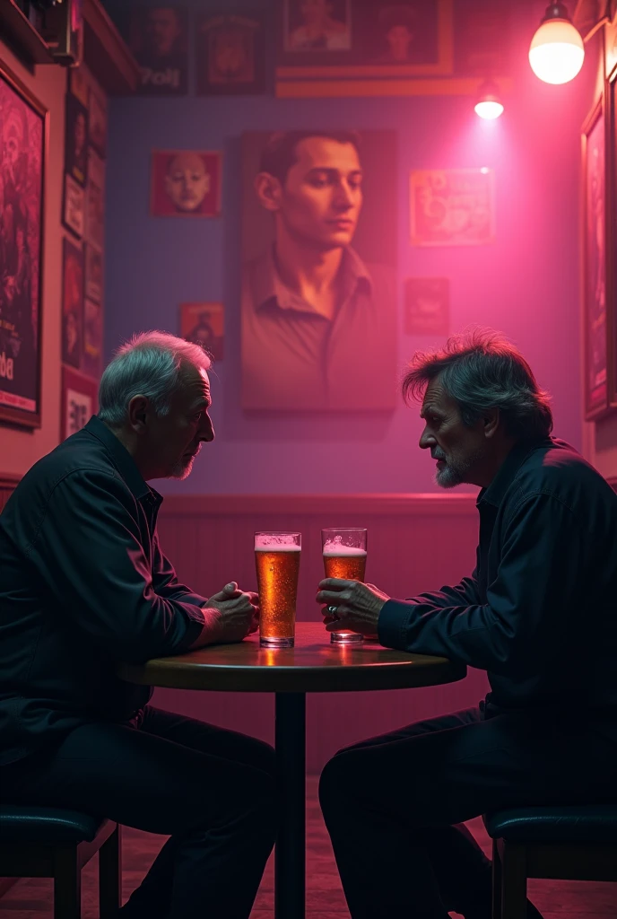 Dark image of 2 2 friends drinking beers in a Pink Floyd rock themed bar talking about. Things they have lost