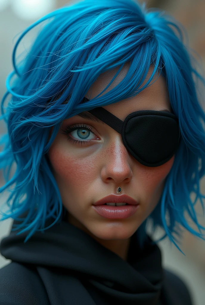 woman with blue hair with waves, an eye patch, the other with white iris and cinnamon-colored brown skin