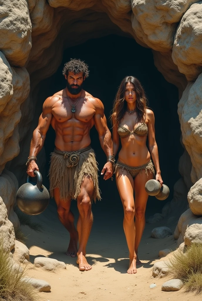 Primitive muscular man and woman coming out of a cave with a kettlebell in his hand,beautiful with a dumbbell in her hand
