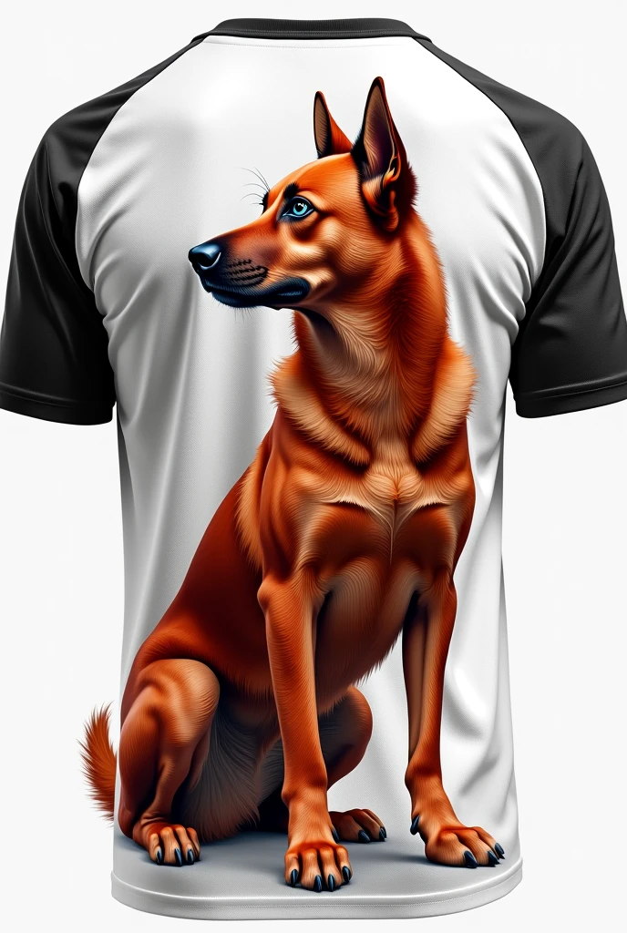 Back of a t-shirt with the logo "Video Jockey" together with a red heller dog.
T-shirt in white tones with black details. Realistically drawn dog.