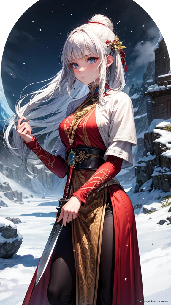 Pull out the sword of the snow mountain, Ancient style woman's cold ice flame sword, Holding a sword with blue flames, White clothes, sword dancing in the snow, long flowing hair, Beautiful woman holding a silver sword, Wear jade jewelry, She has a confident smile on her face, She floats in the clouds like a fairy, Behind her are layers of mountains
