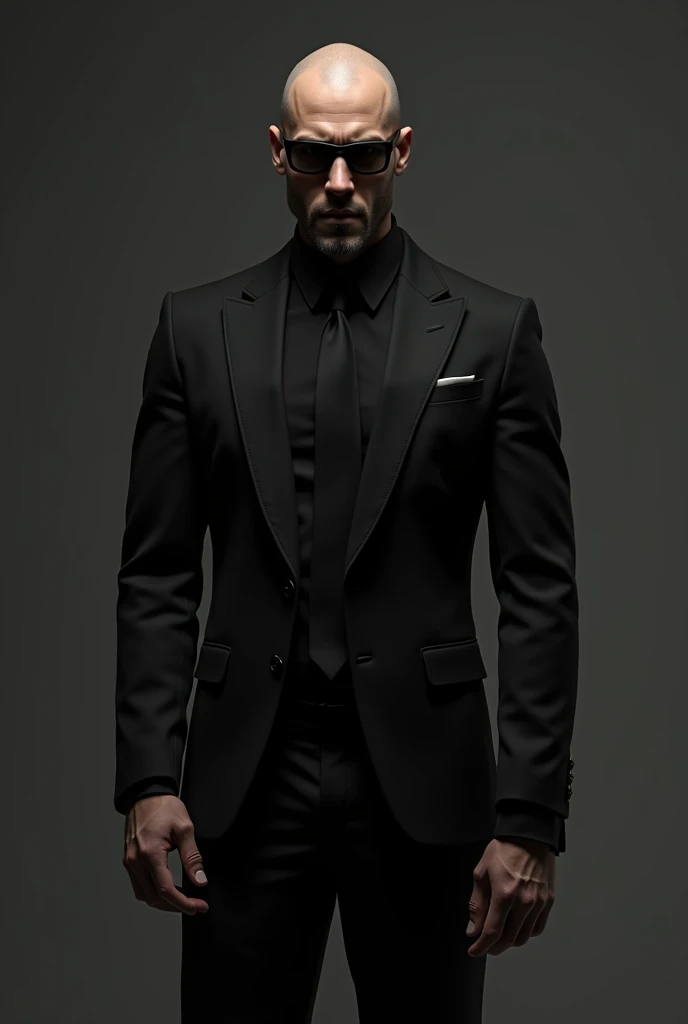 male,Bald tall slim sexy man in elegant black suit with black sunglasses