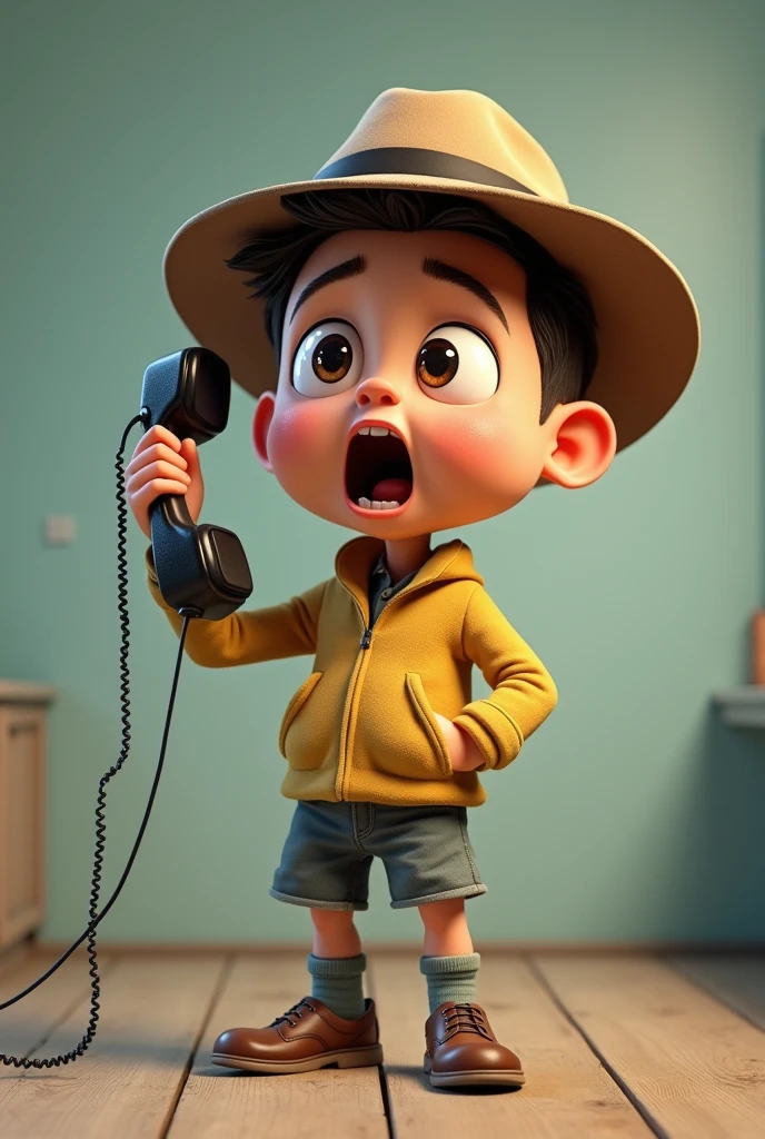 "Cartoon detective named Cristiano with a big head and , resembling a young Cristiano Ronaldo, holding a vintage phone with a surprised expression. The detective's head is oversized compared to his body."
Details: The phone should look old-fashioned, and Cristiano's expression should be one of surprise.