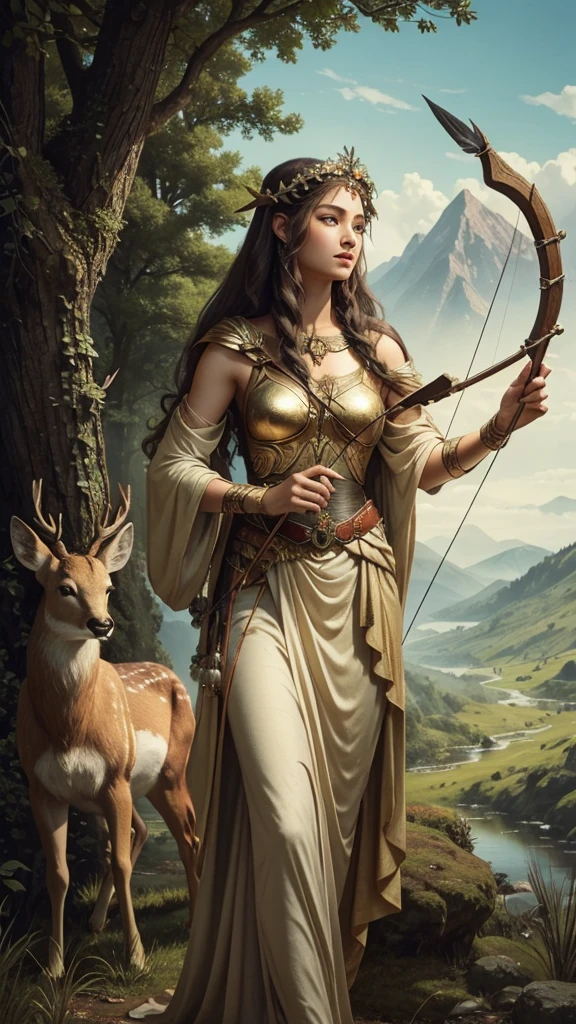 Artemis is known as the goddess of the hunt and is often depicted carrying a bow and arrows., and accompanied by a group of nymphs or wild animals such as deer. He is the patron saint of hunters and is often associated with the wild and mountains..