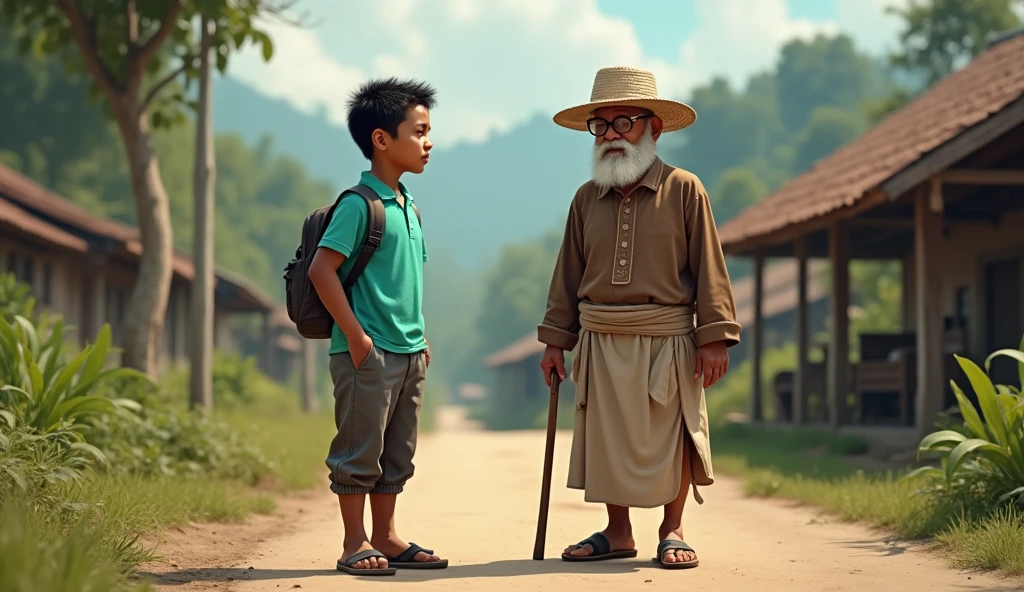 1. Remote Village - Siang Ali:
- Appearance: A young man about twenty years old, his body is slim and somewhat stocky. Black and short hair, with a young and curious face. Brown skin.
- Clothing: Wearing a bright colored shirt, maybe blue or green, with comfortable cotton trousers. He also wears flip-flops or casual shoes.. Maybe carry a small backpack.
Grandpa:
- Appearance: Old man with white hair and beard, his skin is wrinkled and looks wise. Wearing small round glasses.
- Clothing: Wearing traditional Javanese clothes, such as a brown or cream long-sleeved shirt with a sarong (cloth wrapped around the waist). Usually wearing a traditional Javanese hat.