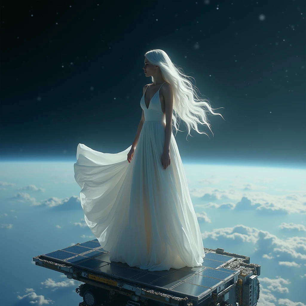 A woman with long white wavy hair,she will be standing on top of a satellite and wearing a very long white dress,I want the image to show from far away and it will be in space