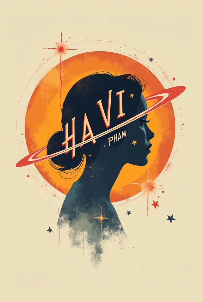 a logo with centralized writing HA VI with a capital letter and PHAM with a lowercase letter, written with planet being the name highlighted 

with planet elements, the shadow of a woman making a headline, a radiant star, a simple contemporary art background
