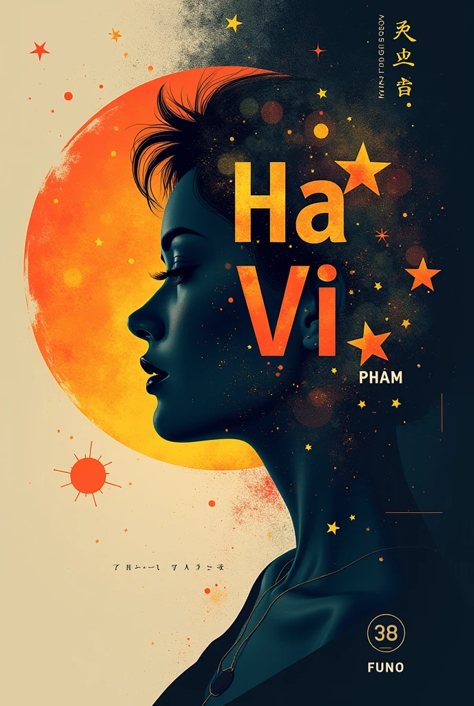 a logo with centralized writing HA VI with a capital letter and PHAM with a lowercase letter, written with planet being the name highlighted
with planet elements, the shadow of a woman making a headline, a radiant star, a simple contemporary art background