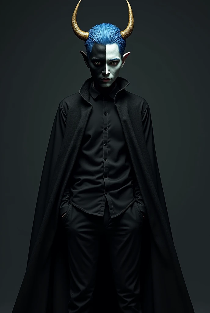 Totally black face , short blue hair, small golden horns, White skin, black shirt, black pants with blue and completely black cape , man, human