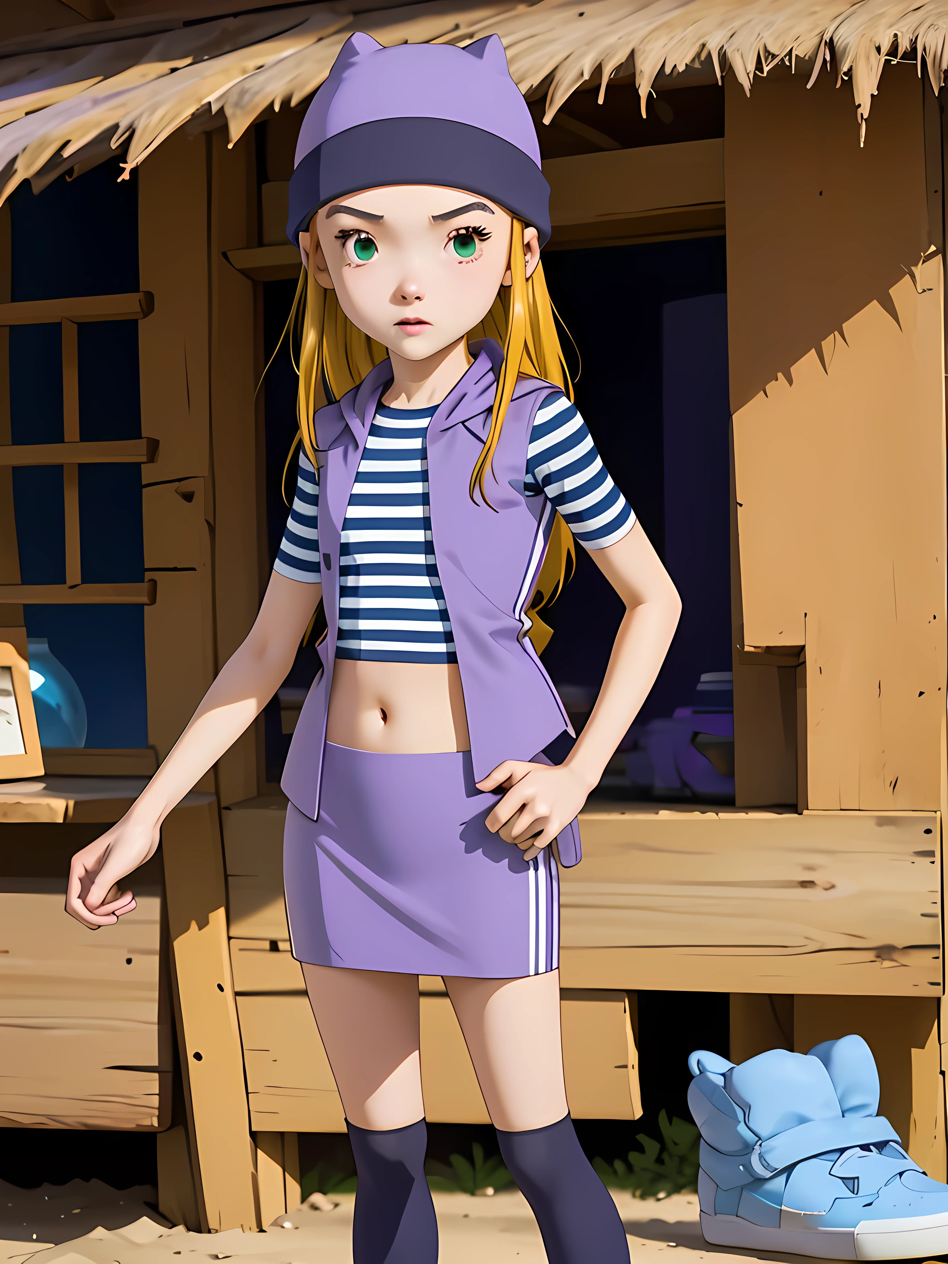 (masterpiece, best quality), 1girl, izumi Orimoto, perfect pretty face, green eyes, blonde hair, long hair, purple beanie, purple vest, purple miniskirt, blue white striped shirt, long purple socks, sneakers, purple vest, striped shirt, navel shirt, small breast