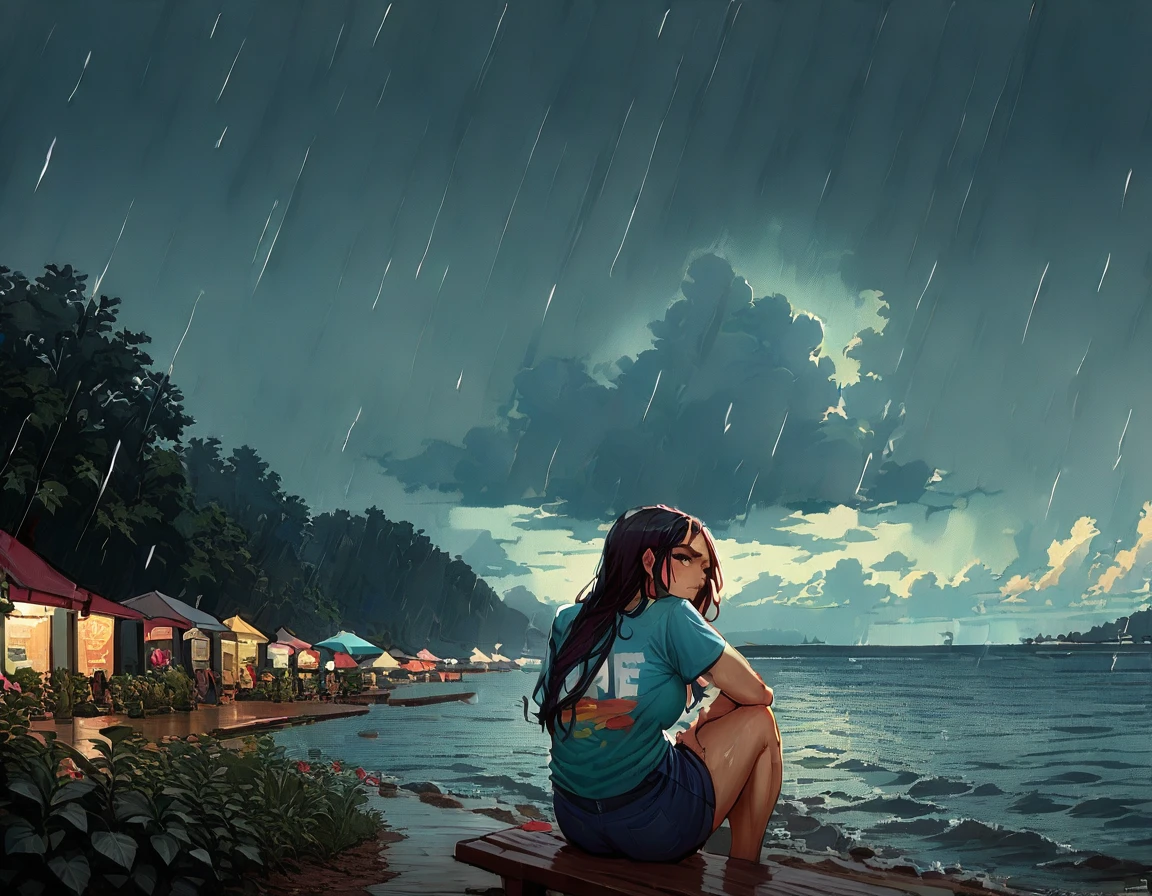 (1 girl) (masterpiece, best quality) (woman in a colorful graphic designer t shirt) (sitting on a lake beach), , ,  , (stormy dark sky, raining) , extreme detail
((Melancholy emotions:1.4)), , large dark eyebrows wide chin
(Huge Breasts covering entire torso) ((full body picture)) ((safe for work:1.3) ((huge breasts covered by shirt)),  art by norman Rockwell,  white bra visible through clothes,