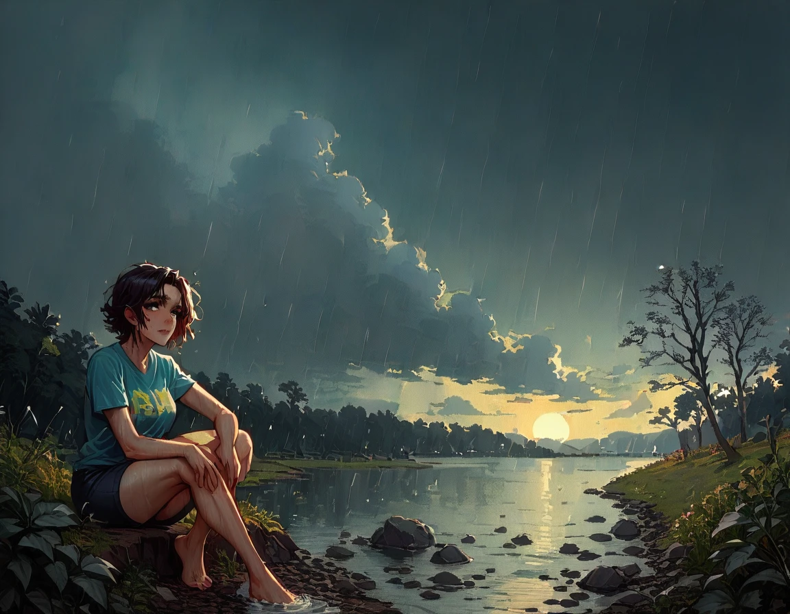(1 girl) (masterpiece, best quality) (woman in a colorful graphic designer t shirt) (sitting on a lake beach), , ,  , (stormy dark sky, raining) , extreme detail
((Melancholy emotions:1.4)), , large dark eyebrows wide chin
(Huge Breasts covering entire torso) ((full body picture)) ((safe for work:1.3) ((huge breasts covered by shirt)),  art by norman Rockwell,  white bra visible through clothes,