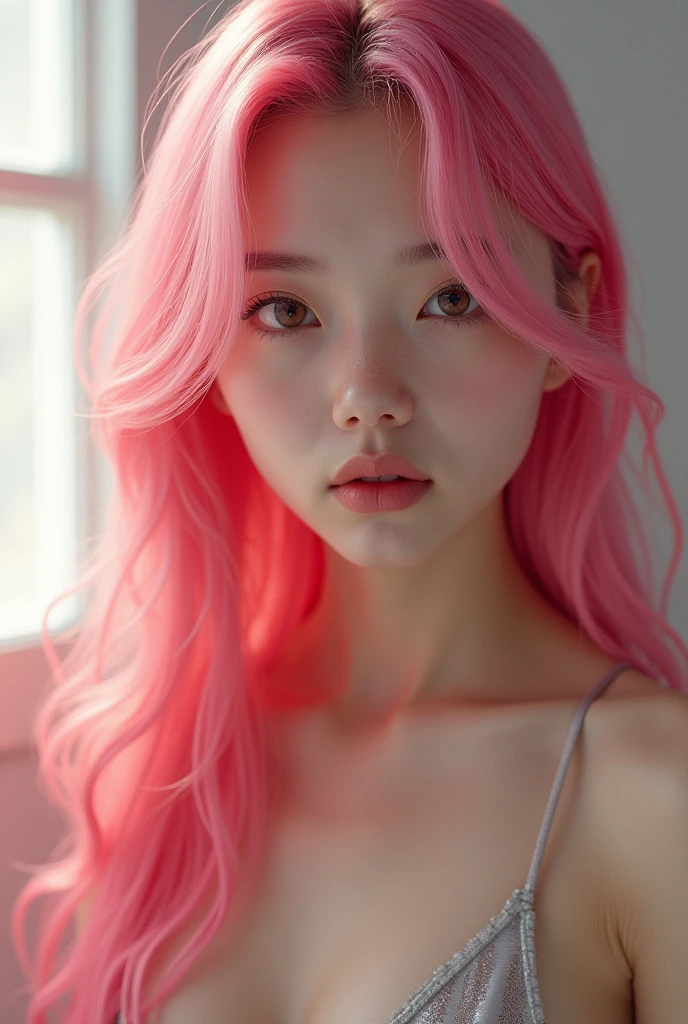 (spread pussy:1.3),(Pink Hair :1.3),(masterpiece:1.3), (Photorealistic, RAW Photos, Highest quality: 1.4), Skinny Japanese woman, 30 years old, (One Girl), (A vivid face), Detailed face, Detailed eyes, (Long Hair:1.3), (Realistic Skin), (Silver Camisole), Ultra-high resolution, Surreal, High definition,