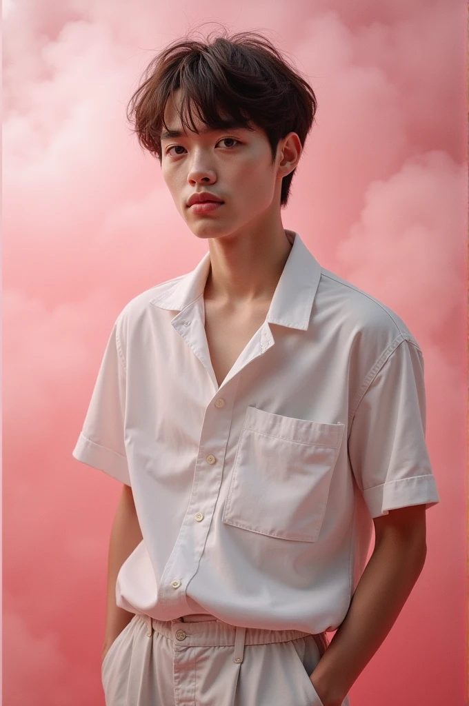 Realistic photos, 35 years witch of medium height, around 1.75 meters tall, In general, he wears white shirt and trousers, classic style with a mix of practicality and eccentricity.

His most distinctive feature is his hair, a complete dark brown color. He has an oval-shaped face with well-defined features: a small, upturned nose, full lips, and large dark brown eyes. His tan skin is very clear, without noticeable imperfections. Tonks usually keeps his crew haircut, reflecting his rebellious and carefree personality. In general, its appearance is youth age, dynamic and constantly changing. Pink smokey background, sweet atmosphere 