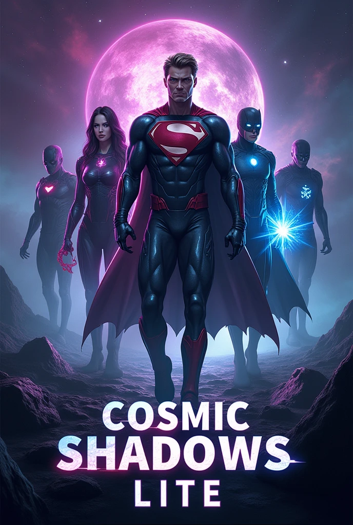 Create a banner for "Cosmic Shadows Lite" that combines sci-fi and horror elements. The title should be bold and futuristic, with glowing, cosmic effects. Show the superheroes in dynamic poses in the foreground, their powers subtly displayed, while shadowy, cosmic horrors loom ominously in the background. The setting should include a dark, mysterious landscape with cosmic elements like stars and nebulae, creating an eerie, atmospheric backdrop. Use deep purples, blacks, and blues with neon accents for contrast, and add subtle horror details to enhance the sense of mystery and dread.