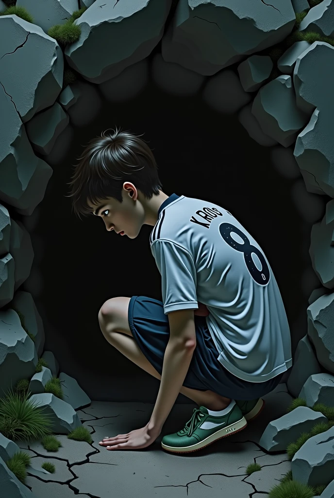 A ager with his back turned a little dark with short brown hair, with a kroos 8 madrid shirt. desperately searching under a rock
