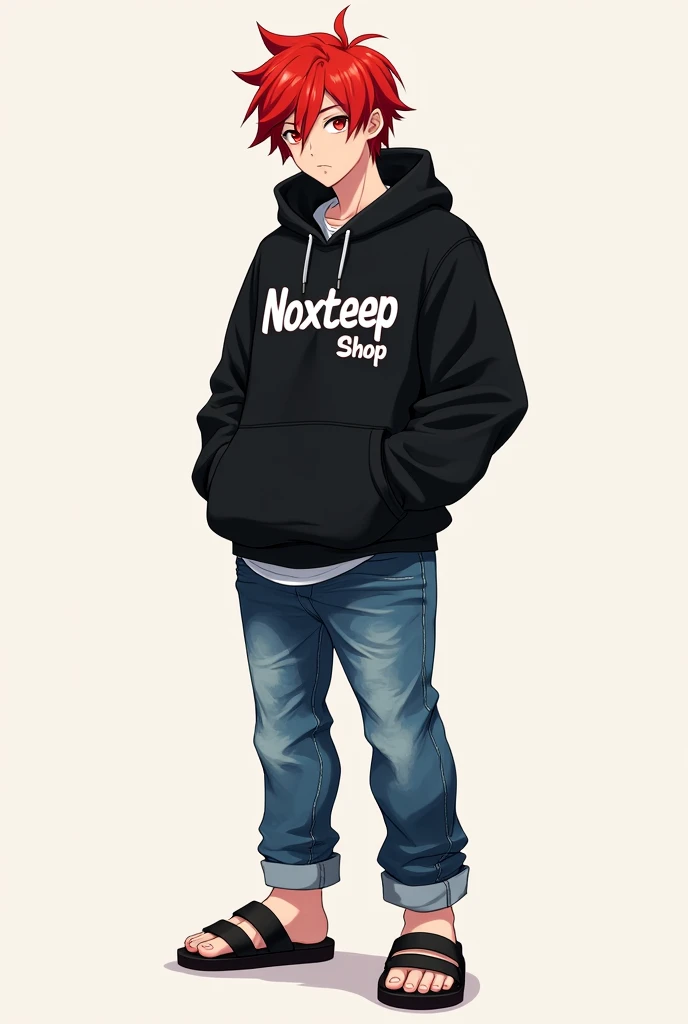 There is a red-haired anime guy. The frame size is 500 x 500 px. He is wearing a black hoodie, jeans, and sandals. The word NOXTEEP SHOP is printed on the shirt.