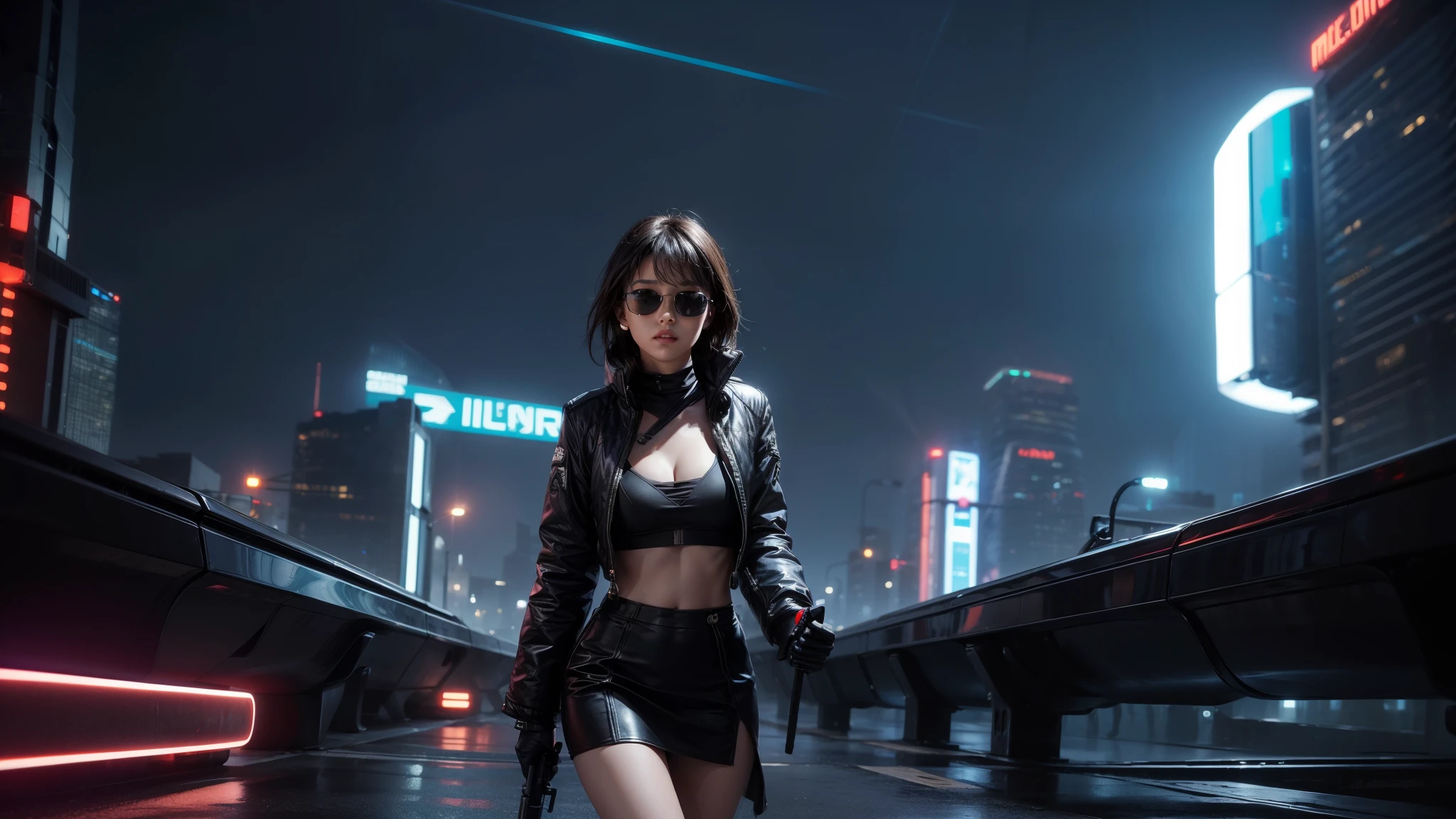 (low angle view) of futuristic city, hologram neon buildings, flying cars, lightning, 3d rendering Beeple. At night, (1girl, solo, alone), photorealistic, medium-breast slim:0.6 body, oval:0.5 face, cleavage:1.1, sexy black laced bra, (miniskirt), white laced panty, coat, (black micro sunglasses), (holding a short gun), slightly leaning forward running pose, ((half-body thigh level medium shot)), cinematic lighting, ray tracing.