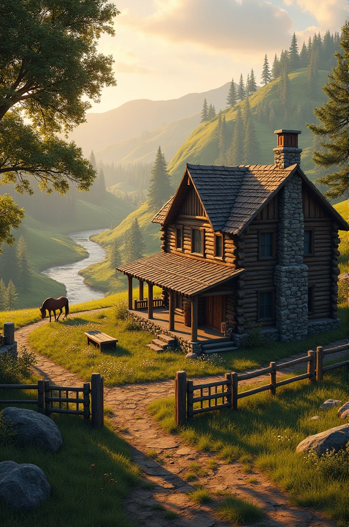 Create a rustic country house with a corral next door