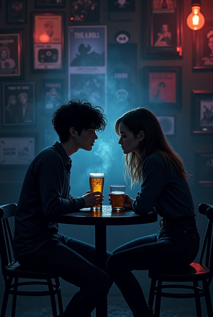 Dark image of 2 young friends drinking beers in a rock themed bar of Pink Floyd talking about. Things they have lost