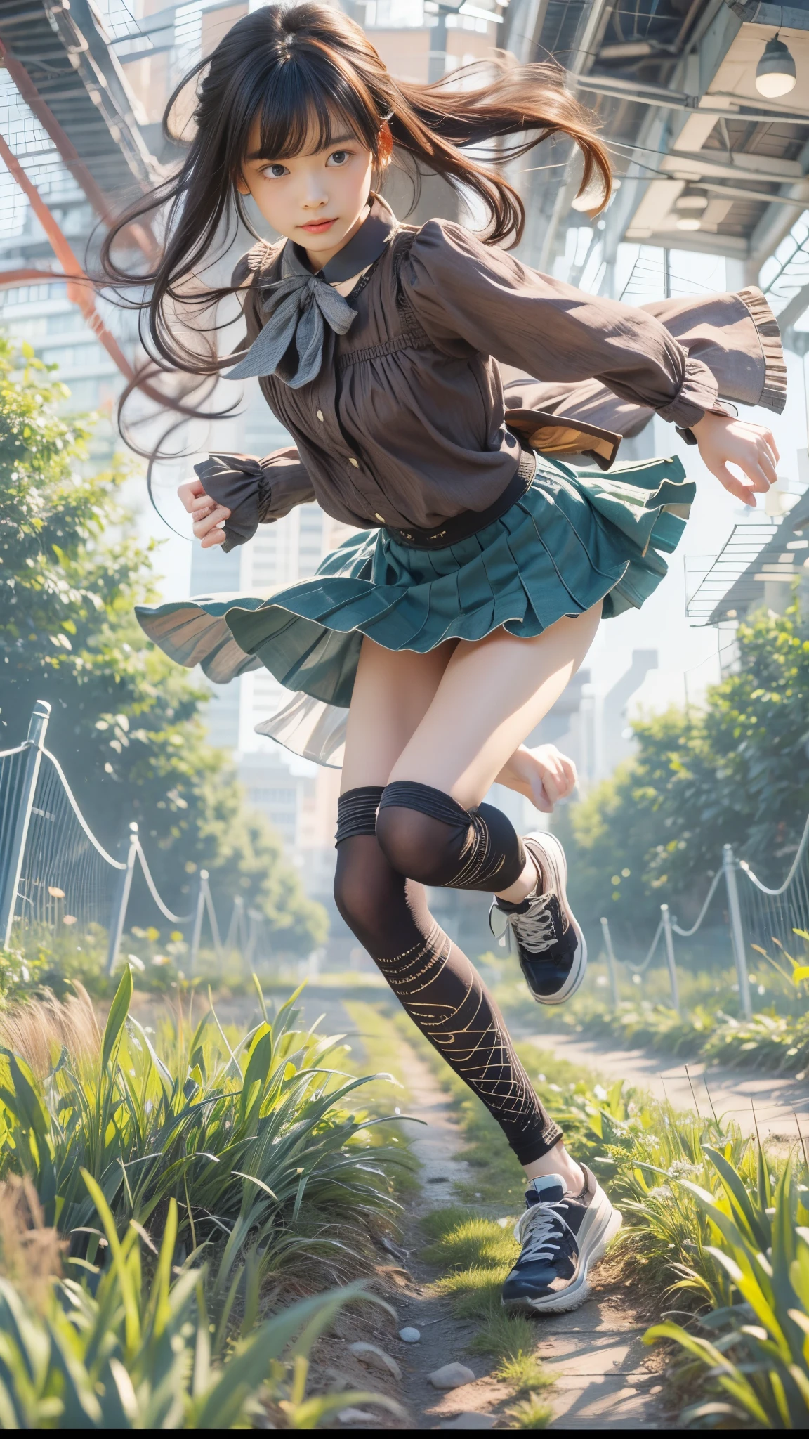 masterpiece , Highest quality , Very detailed , 1 person, ((Contrasting Eyes)) , running , blouse, skirt , bangs , field