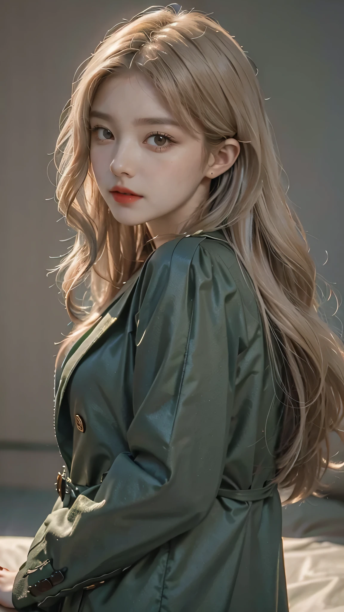 Girl wearing, luxury green coat, shoulder length hair, wavy hair, glowing skin, star in eye, red lips, grey background, cute poses, upper body, light blonde hair.