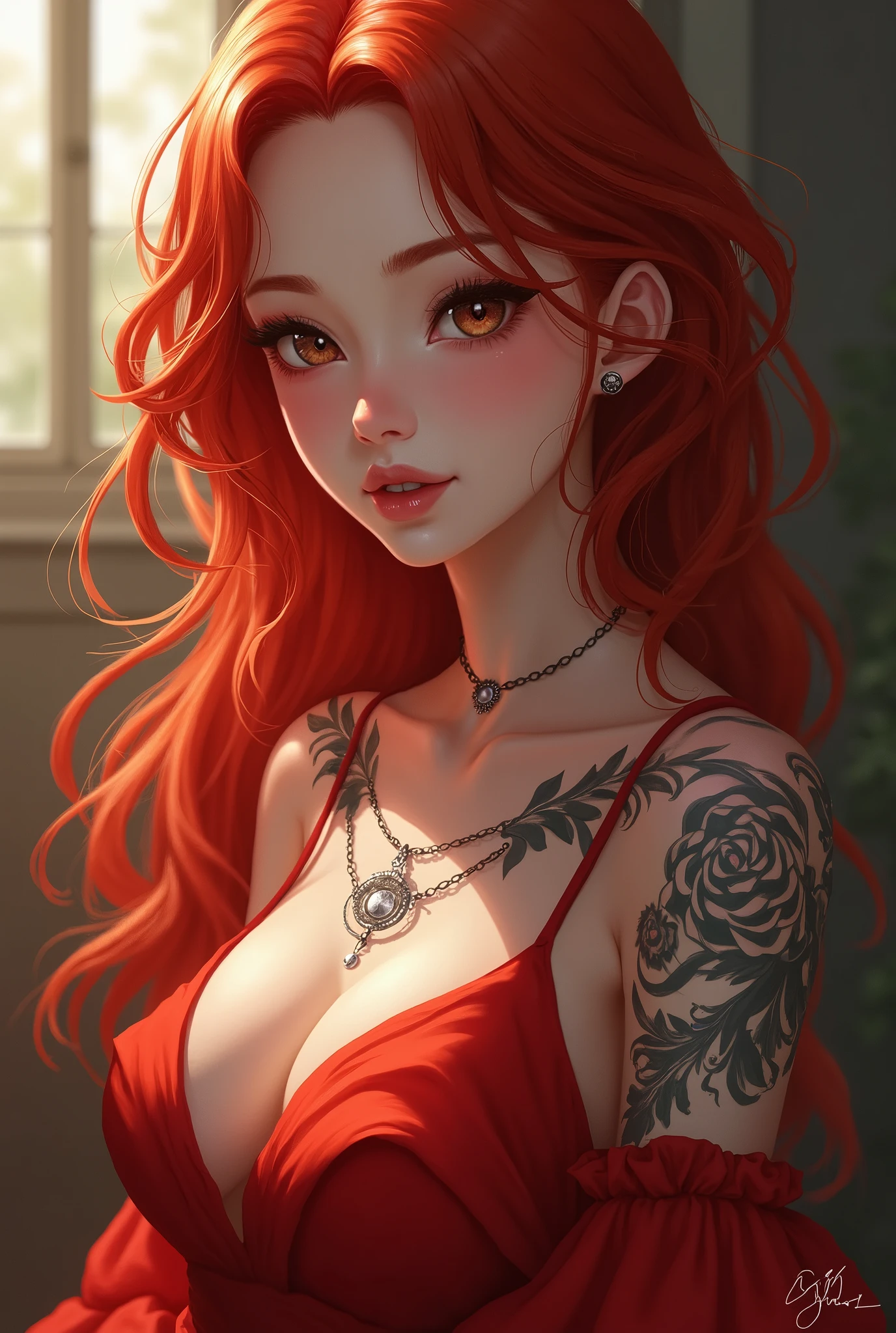 Lady,Red hair,dress,beautiful,anime,tattoo
