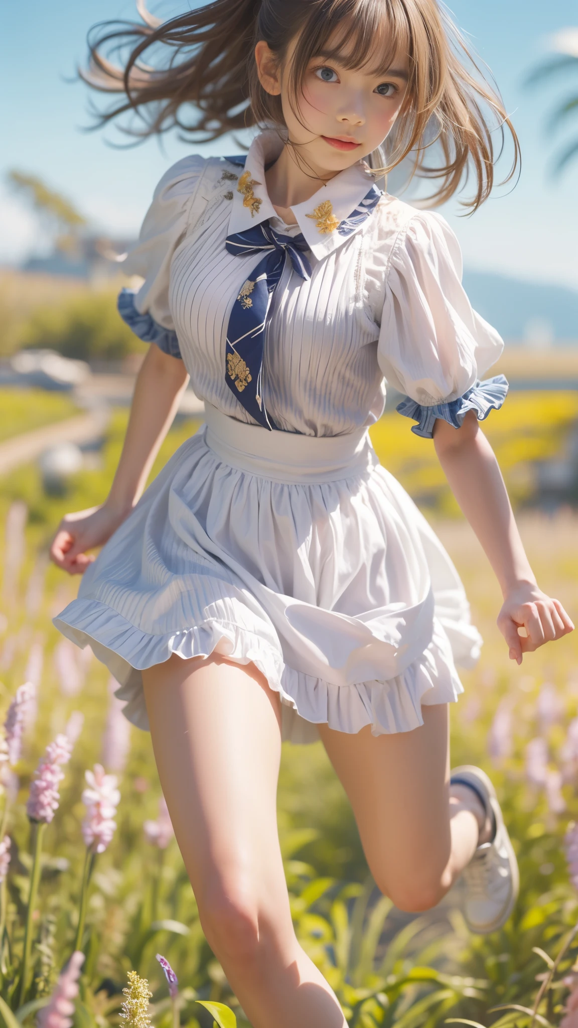 masterpiece , Highest quality , Very detailed , 1 person, ((Contrasting Eyes)) , running , blouse, skirt , bangs , field