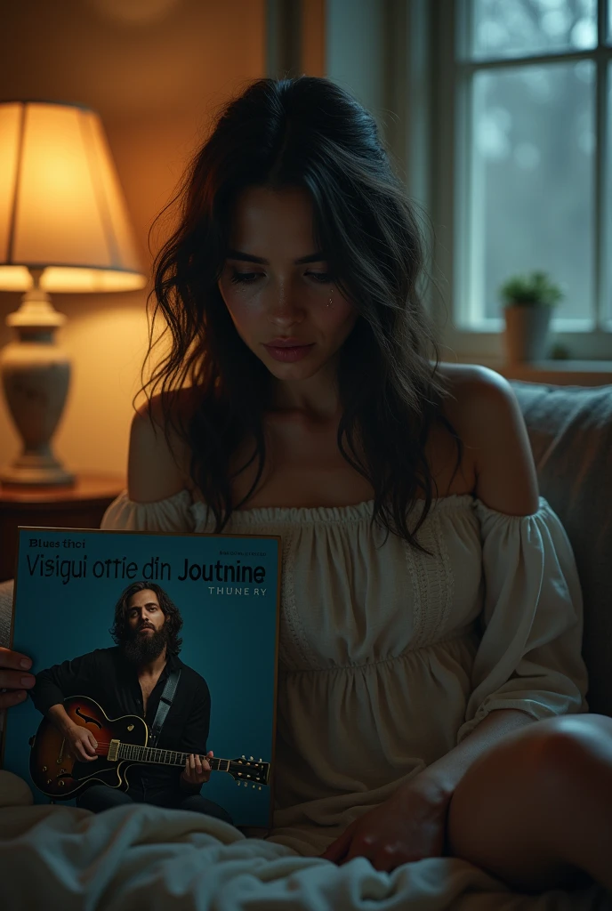 I want a beautiful woman sitting on the couch, She is sad next to the lamp crying and next to her there is a vinyl record with the cover saying Blues Tici, I want Blues Tici to be very visible, on the album cover a bearded guy with his Gibson Les Paul electric guitar. 
