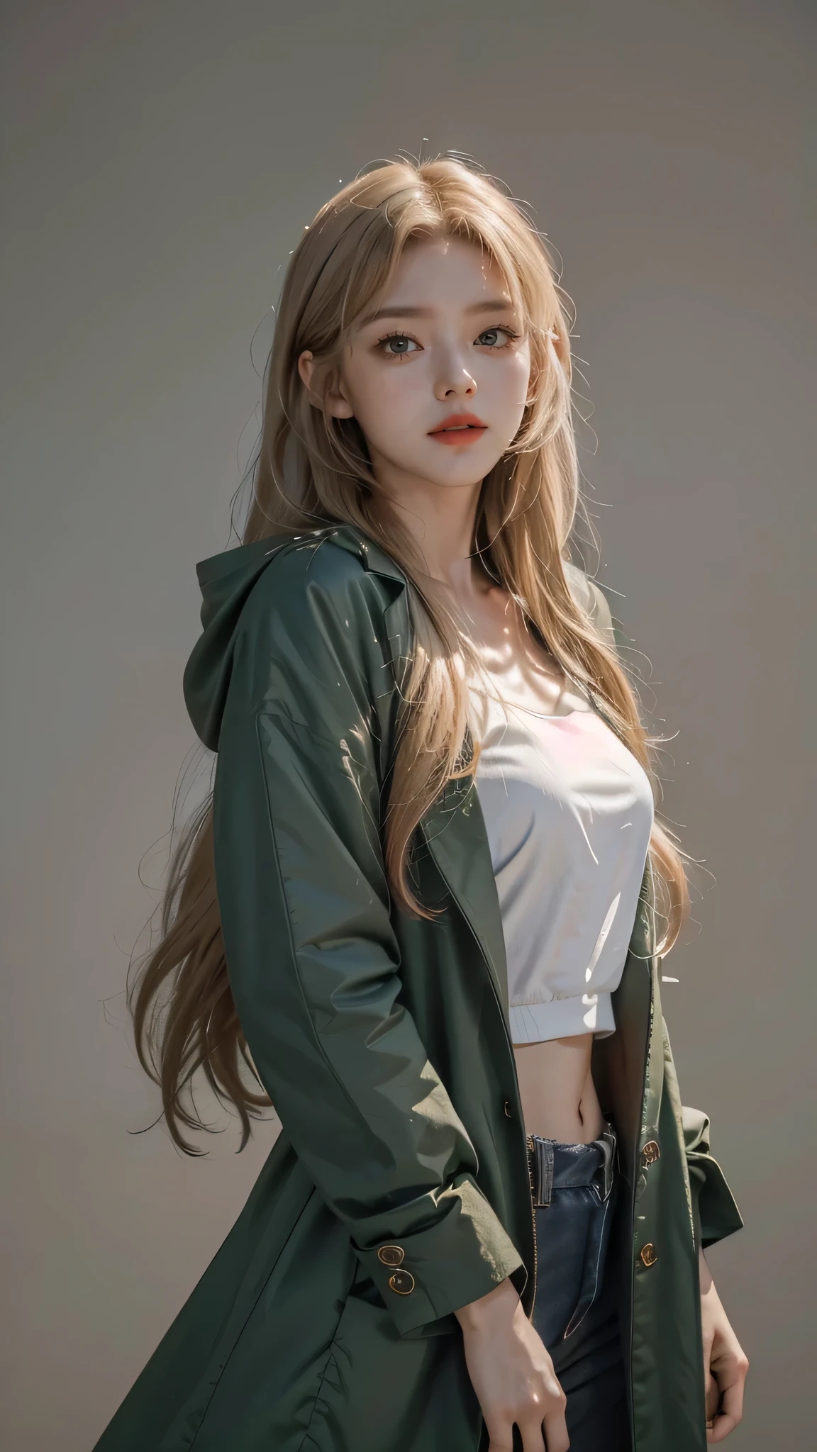 Girl wearing, luxury green coat, shoulder length hair, wavy hair, glowing skin, star in eye, red lips, grey background, cute poses, upper body, light blonde hair.