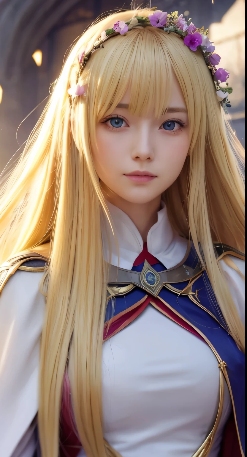 A woman with long blonde hair, Portraits of people inspired by Lee Chevalier, yu - no, Portrait Zodiac Knight Girl, Freya, rei hiroe, Artoria Pendragon, in ryuuou no oshigoto art style, Blonde Princess, Blonde girl with long hair, Inspired by Yuuka Ogura, She had a flower crown in her long blonde hair., beautiful, Rhodes, Yoshika Amano Karol Baq, Wearing a sword and a cape