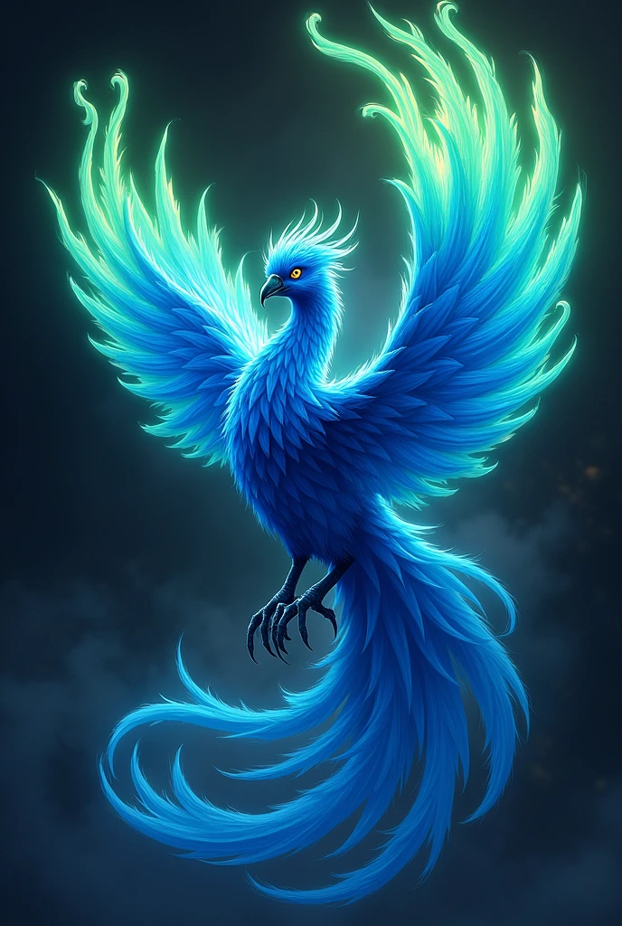 Draw a blue phoenix with green and blue flames around it 