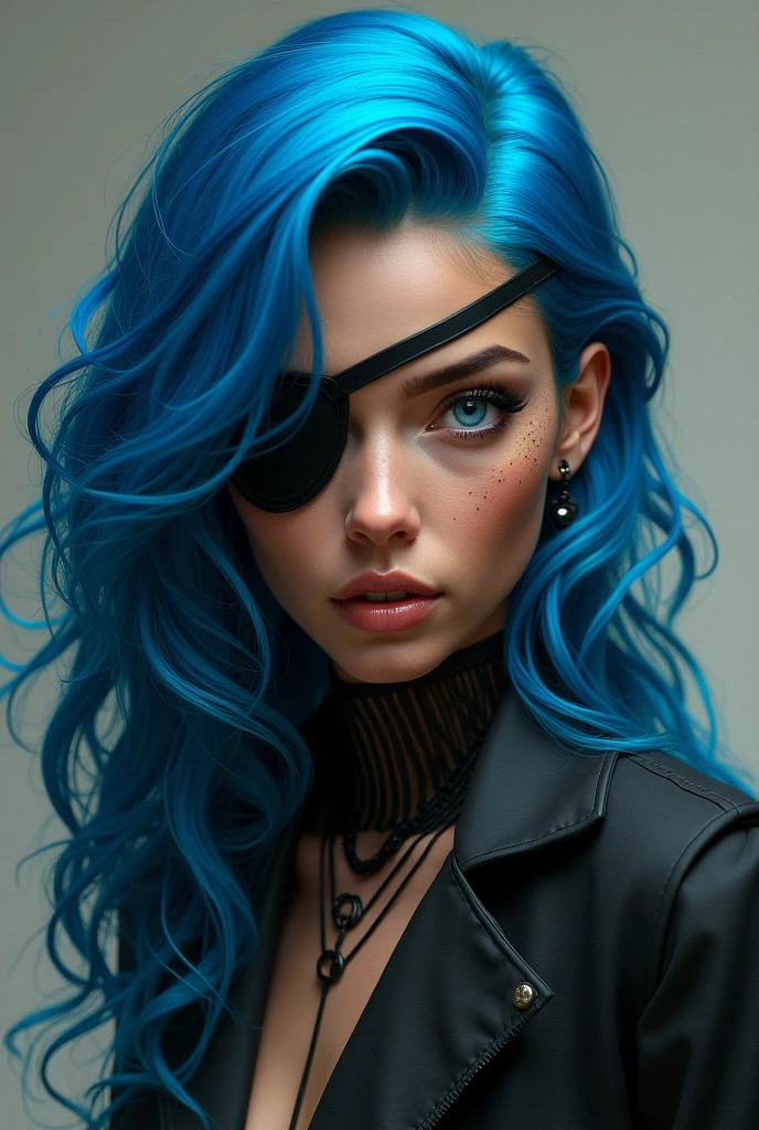 woman with blue hair with waves, an eye patch, the other with white iris and cinnamon-colored brown skin