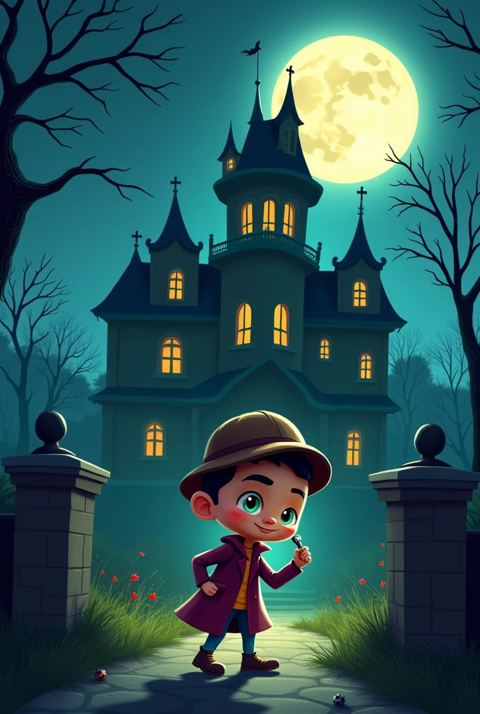 "Cartoon detective named Cristiano with a big head and , resembling a young Cristiano Ronaldo, standing in front of a large, spooky mansion at night. The moonlight casts shadows and enhances the mysterious atmosphere."
Details: Cristiano’s body should be tiny compared to the mansion, and he should have a humorous posture.