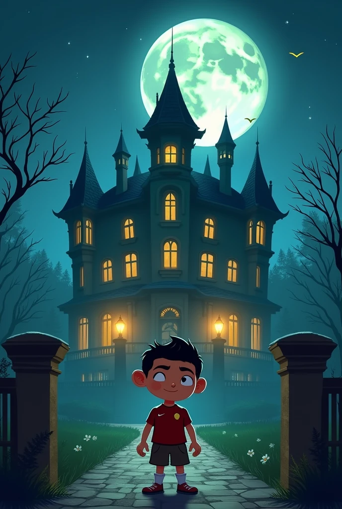 "Cartoon detective named Cristiano with a big head and , resembling a young Cristiano Ronaldo, standing in front of a large, spooky mansion at night. The moonlight casts shadows and enhances the mysterious atmosphere."
Details: Cristiano’s body should be tiny compared to the mansion, and he should have a humorous posture.