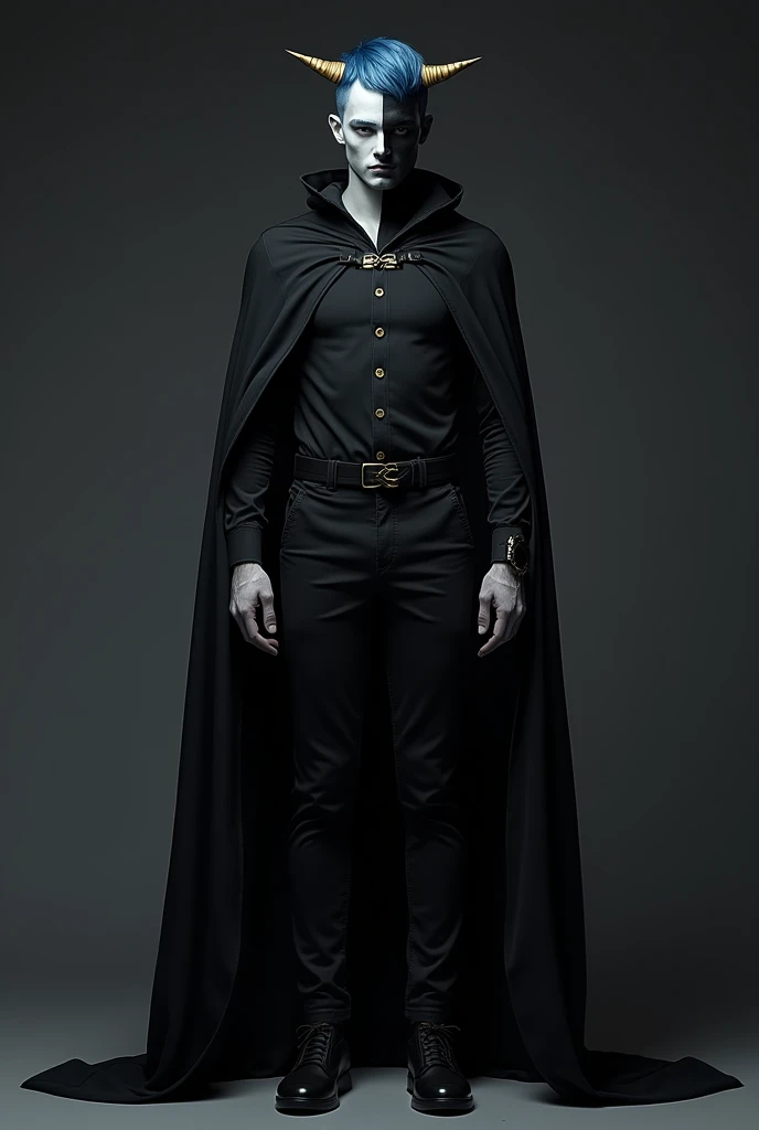 Totally black face , short blue hair, small golden horns, White skin, black shirt, black pants with blue and completely black cape , man, human 