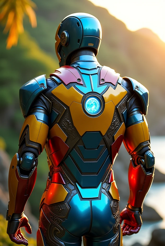 Chat create a back armor of Iron Man from the first movie with the painting inspired by the colors of Brazil , Unripe, yellow , cerulean ...