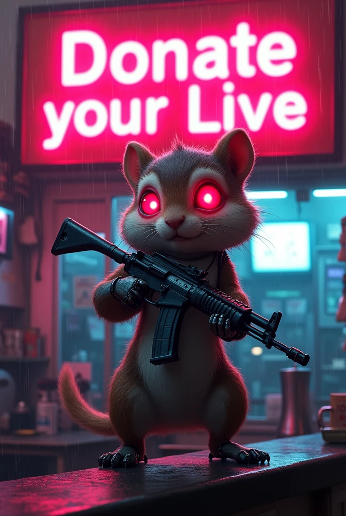 Movie poster, large neon sign in the center reads "Donate your life", masterpiece, 4k, 8k, high quality, high detail, concept art, cybernetic cute chipmunk, red eyes. neon glow, robot chipmunk, one hand holding an AK, one foot metal, looking at the viewer, standing on the bar of a noodle shop, taking care of yourself, cyberpunk scene, rain falling, neon lights,