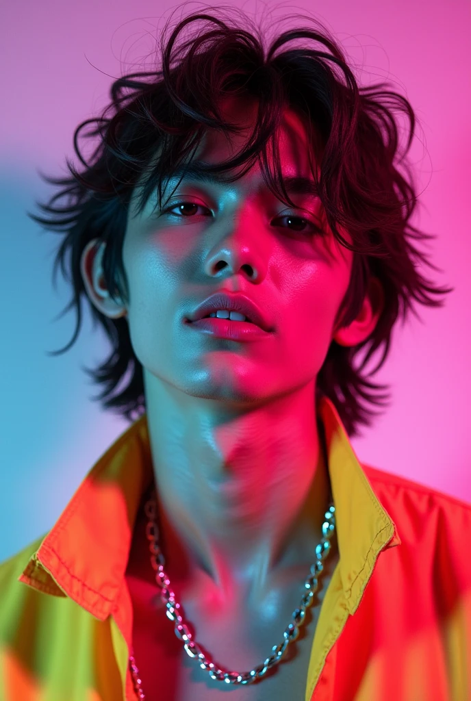 Gay, white boy Filipino, wear a lot of neon and has brown long shaggy messy hair