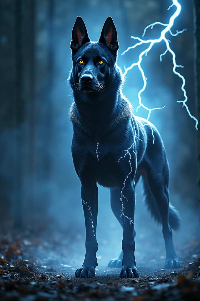 Black demi human Belgian malinois with lightning electricity power