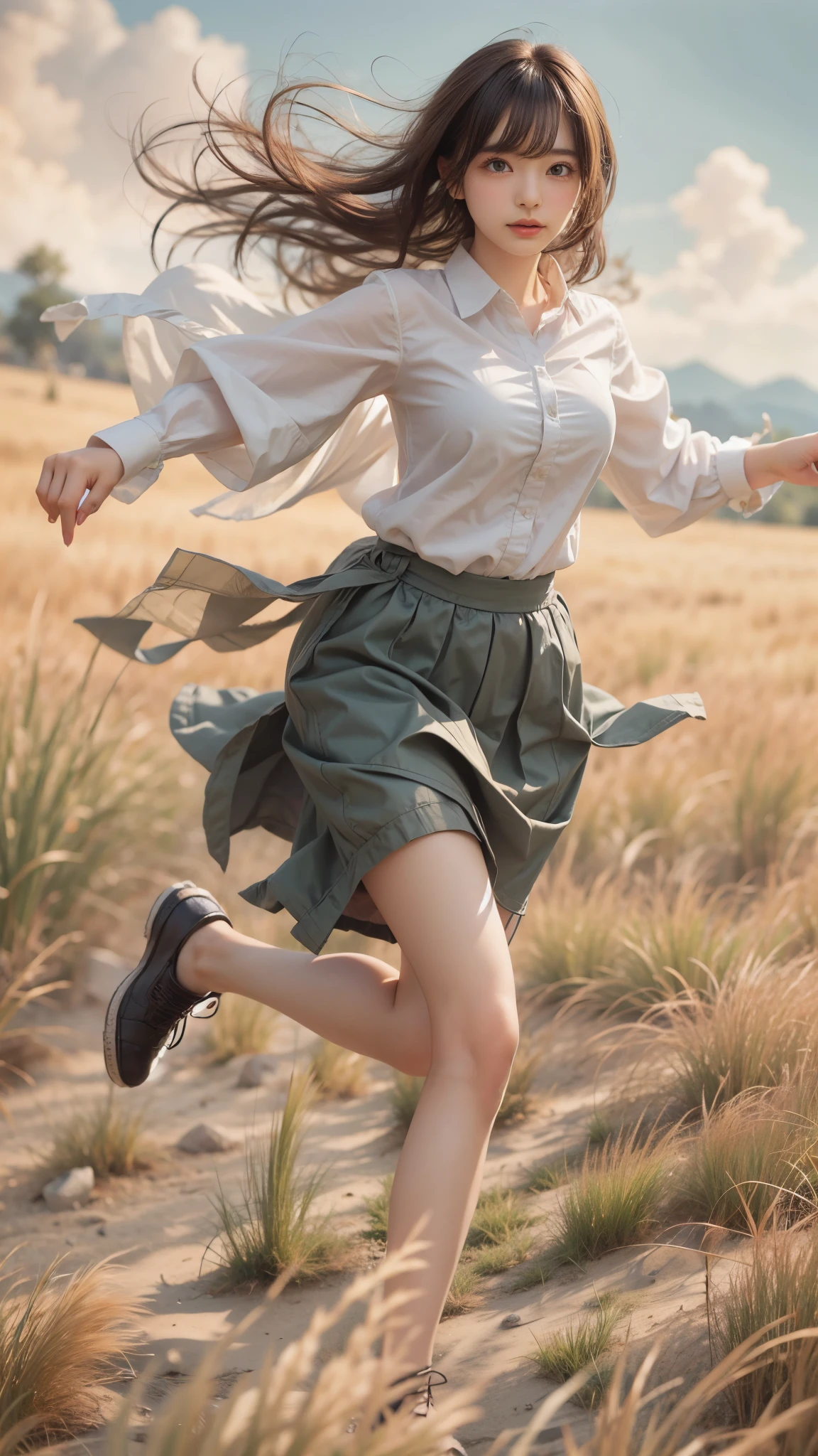 masterpiece , Highest quality , Very detailed , 1 person, ((Contrasting Eyes)) , running , blouse, skirt , bangs , field