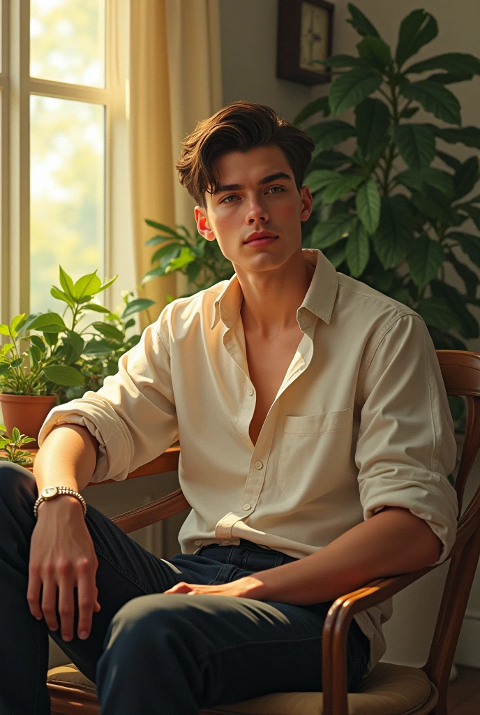 (photorealism:1.2), beautiful boy, sitting on chair, wearing loose
shirt, fit pants, hair cut, indoors, soft lighting, plants in background, window with sunlight, cozy room, relaxed pose, realistic, intricate details, warm colors, by Greg Rutkowski, by Alphonse Mucha hows name ritesh