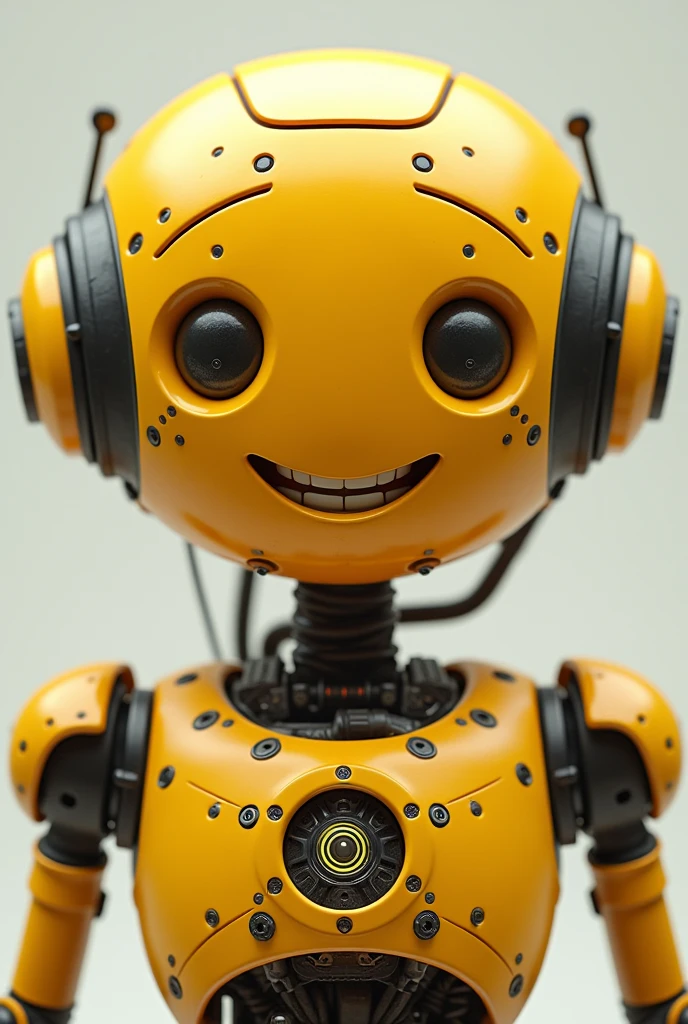 Yellow robot with lots of detail, glad, close face and a background