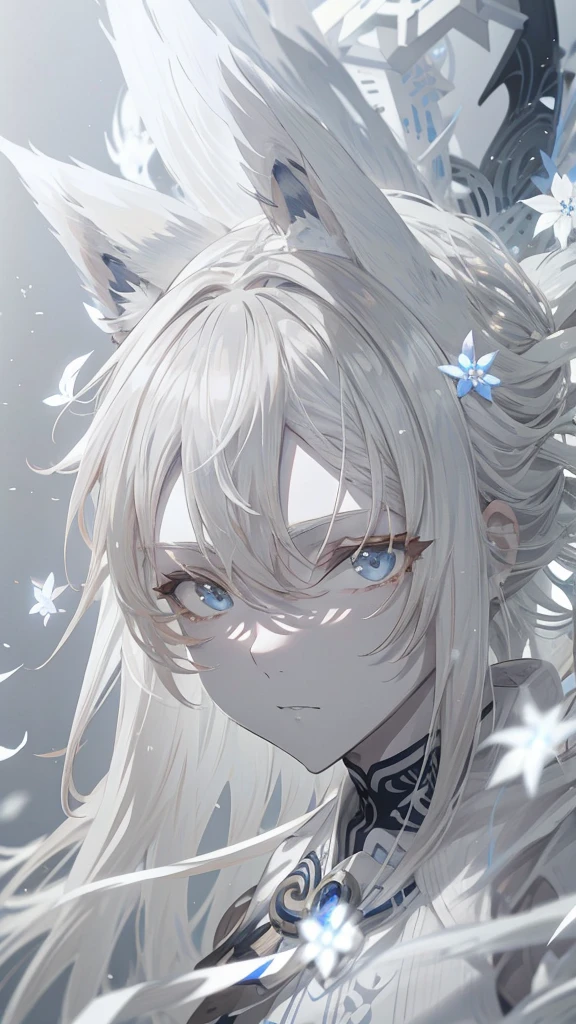 anime girl with Gray Hair and blue eyes and white flowers, Gray Haired deity, Gray Haired, with long Gray Hair, with Long white hair, Gray Hairの, White fox, White Fox Anime, Silver Hair, Avatar Image, Long white hair!!, flowing Gray Hair, Gray Hair!!!!!, Gray Hair!!!!, Hajime Yatate, Gray Hair!!!