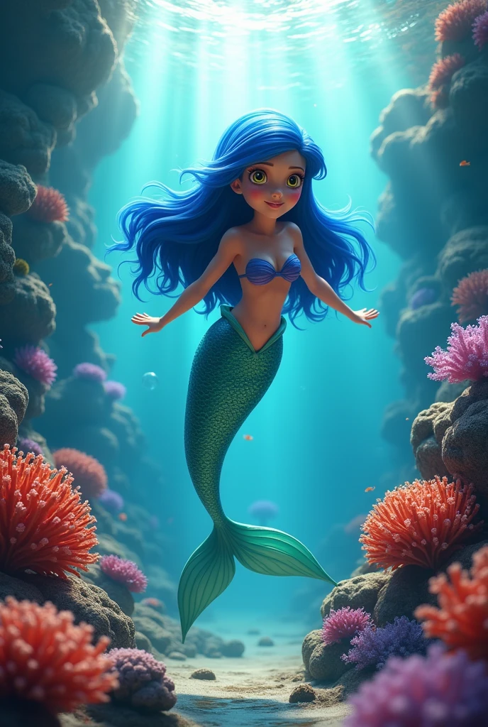 The little mermaid with blue hair Bright yellow eyes Between the corals and clear rays of sun In realistic mode