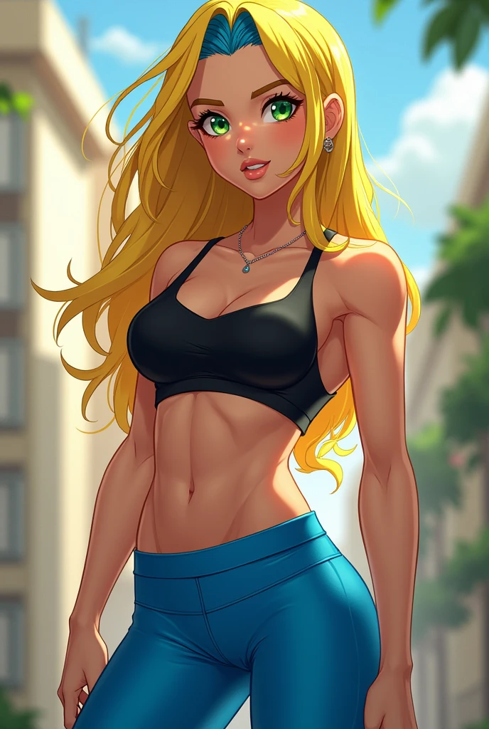 A girl with blue pants,with yellow hair and a blue streak and with bright green eyes and shirtless showing his muscles and with a bra 