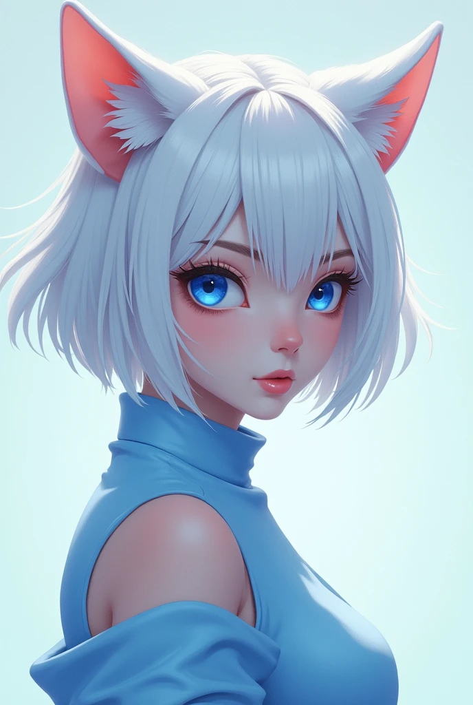 Cat Woman,white hair,blue eyes, white eyelashes, shorth hair ,light blue outfit,