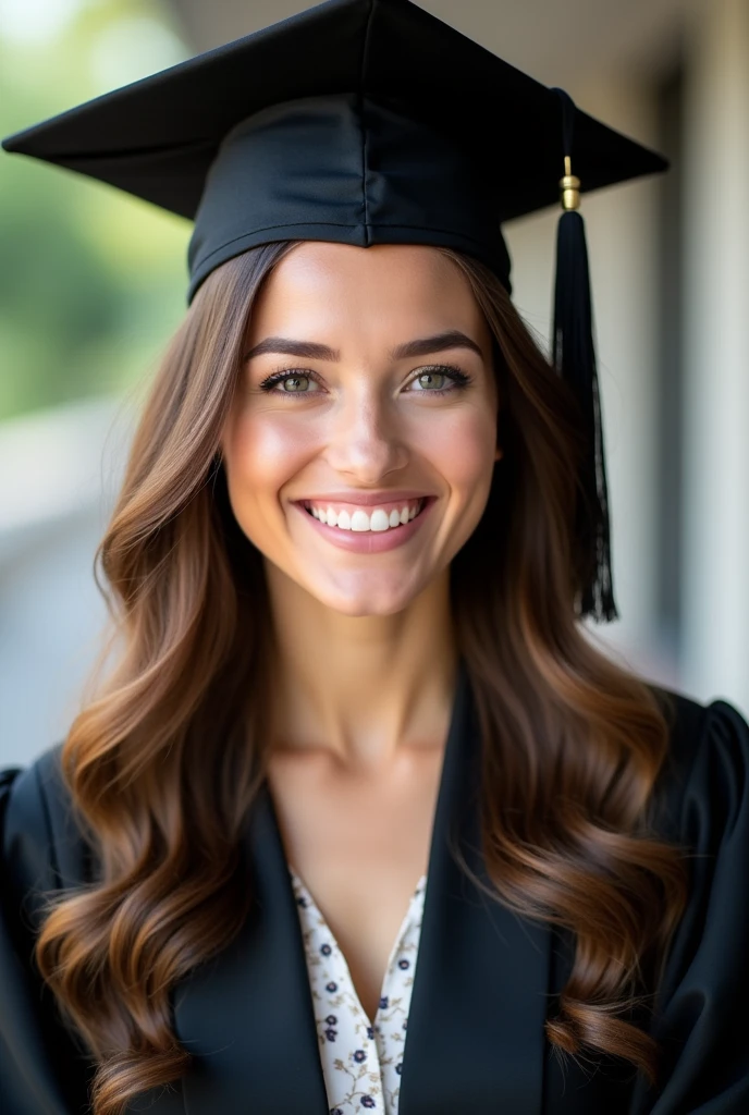 Generates a photo of a brown-haired girl, with waves, smiling, with beautiful makeup, she is wearing her graduation cap and gown as a lawyer