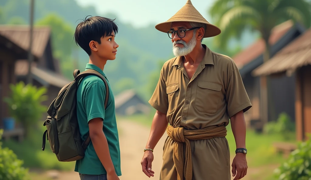 1. Remote Village - Siang Ali:
- Appearance: A young man about twenty years old, his body is slim and somewhat stocky. Black and short hair, with a young and curious face. Brown skin.
- Clothing: Wearing a bright colored shirt, maybe blue or green, with comfortable cotton trousers. He also wears flip-flops or casual shoes.. Maybe carry a small backpack.
Grandpa:
- Appearance: Old man with white hair and beard, his skin is wrinkled and looks wise. Wearing small round glasses.
- Clothing: Wearing traditional Javanese clothes, such as a brown or cream long-sleeved shirt with a sarong (cloth wrapped around the waist). Usually wearing a traditional Javanese hat.