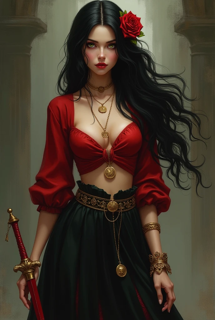 A brunette woman with long black hair,  greeneyes, a red rose from the hair, breasts small , wide hip, wearing a red bolero , with a long red skirt with a black hem , gold bracelets and a coin chain around her waist and a red dagger tied around her ankle. 